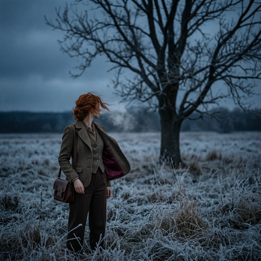 Tweed jacket worn in a winter field