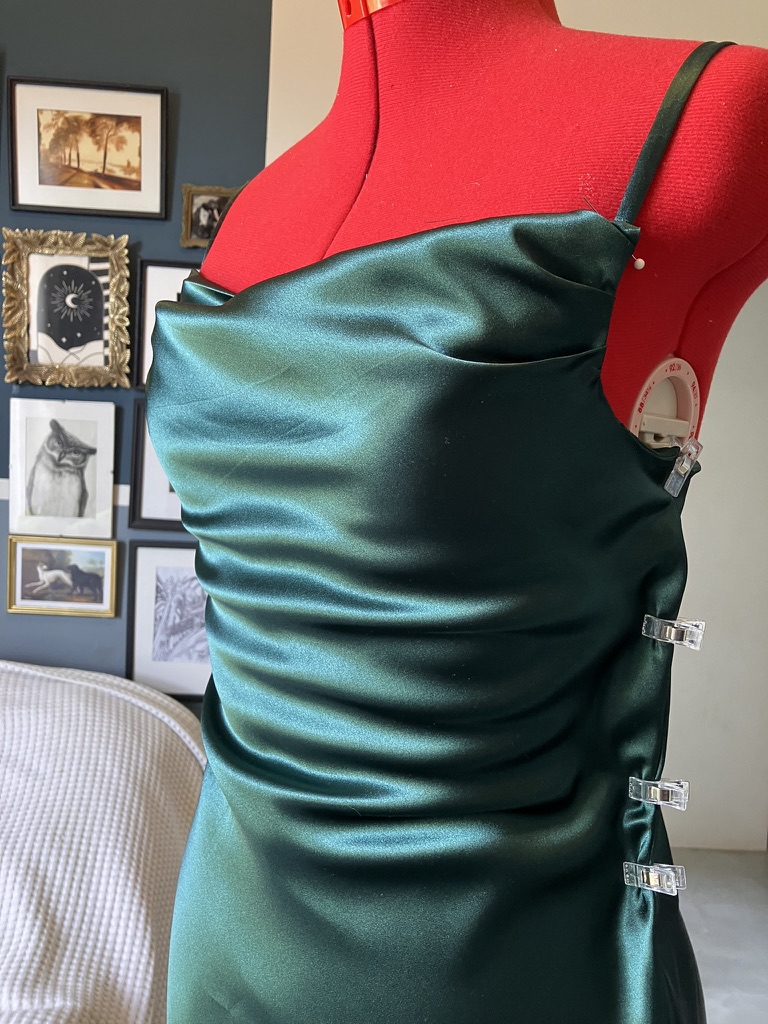 Emerald bias dress, side view