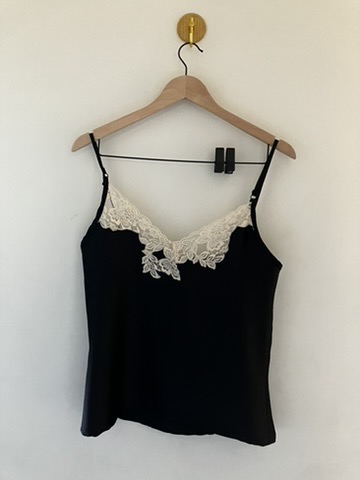 Black satin camisole with ivory lace