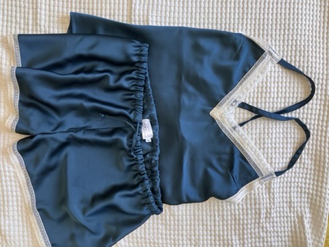 Navy satin shorts, laid flat