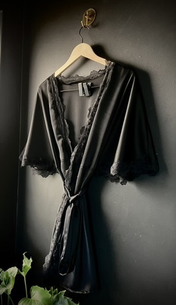 Charcoal satin robe with lace sleeves