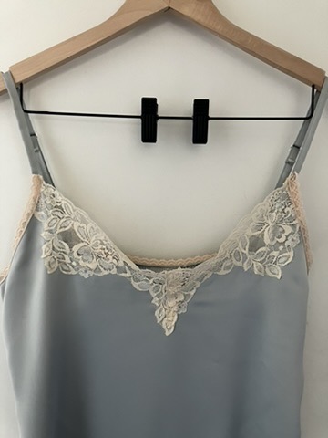 Ice blue satin camisole with scalloped lace