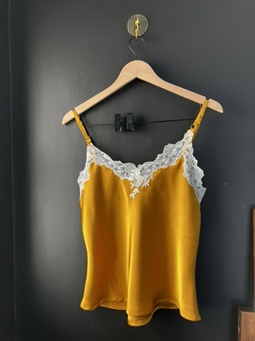 Mustard satin camisole with ivory lace