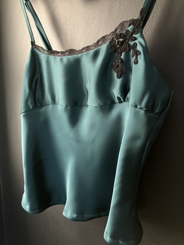 Teal satin camisole with beaded trim
